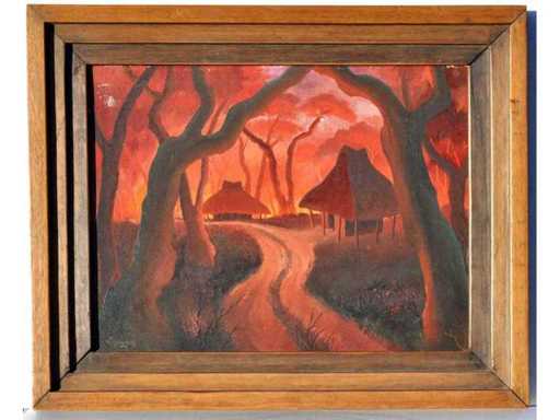 Vigneron - Tropical village in evening light - oil on canvas board - 30.5x41 cm