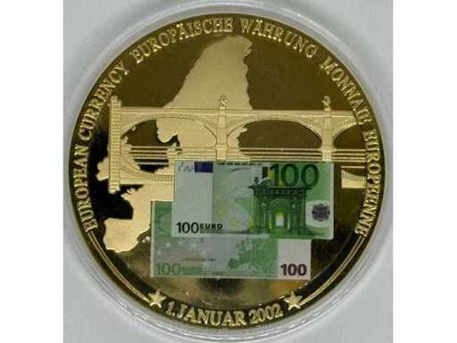 DDR – 5 Mark Bankbiljet 1975 – Vergulde koperen herdenkingsmedaille met kleurenprint – 50 mm