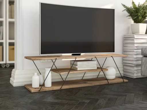 Spanplaat en metalen tv-meubel met drie planken