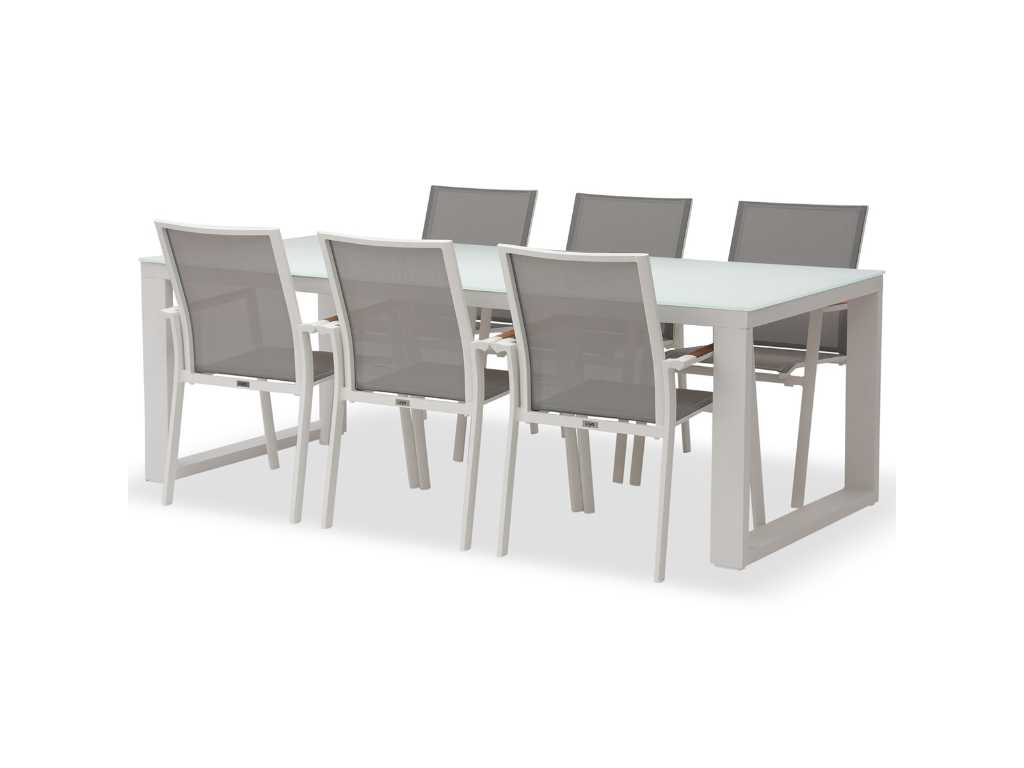 Meubili - Demi-Linate table 220*100 alu white / glass white + 6 adria armchairs white / grey