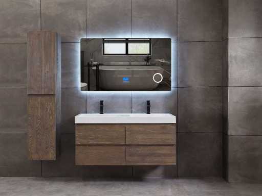 Meuble de salle de bain en chêne 2 personnes 120cm (2 couleurs possibles) avec (armoire suspendue) et miroir led bluetooth et diverses combinaisons de lavabo